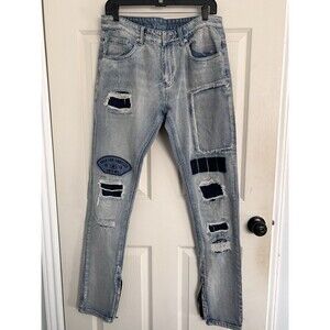 Young & Reckless 33 Distressed Patch Jeans LA Streetwear Ankle Zip‎ Y2K